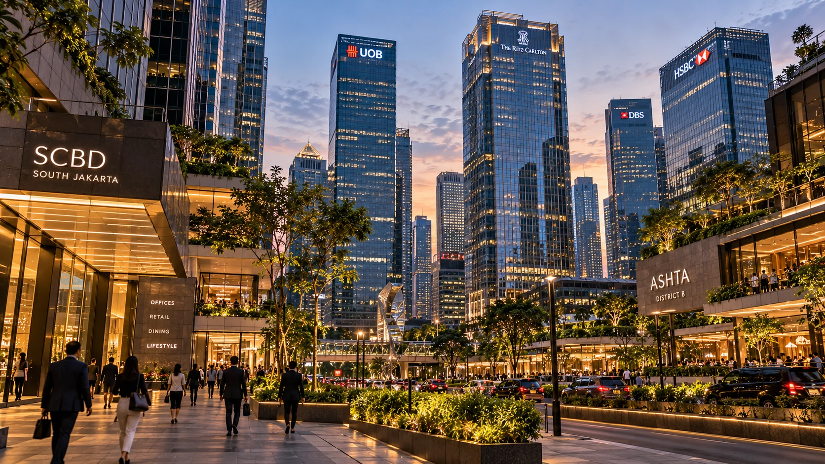 Modern SCBD Jakarta skyline juxtaposed with historic Batavia