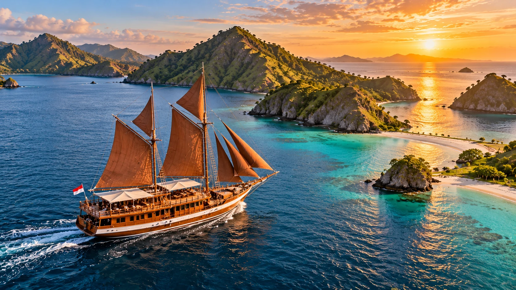 Traditional handcrafted wooden Phinisi yacht sailing over turquoise coral seas near dramatic volcanic islands in Labuan Bajo, Komodo