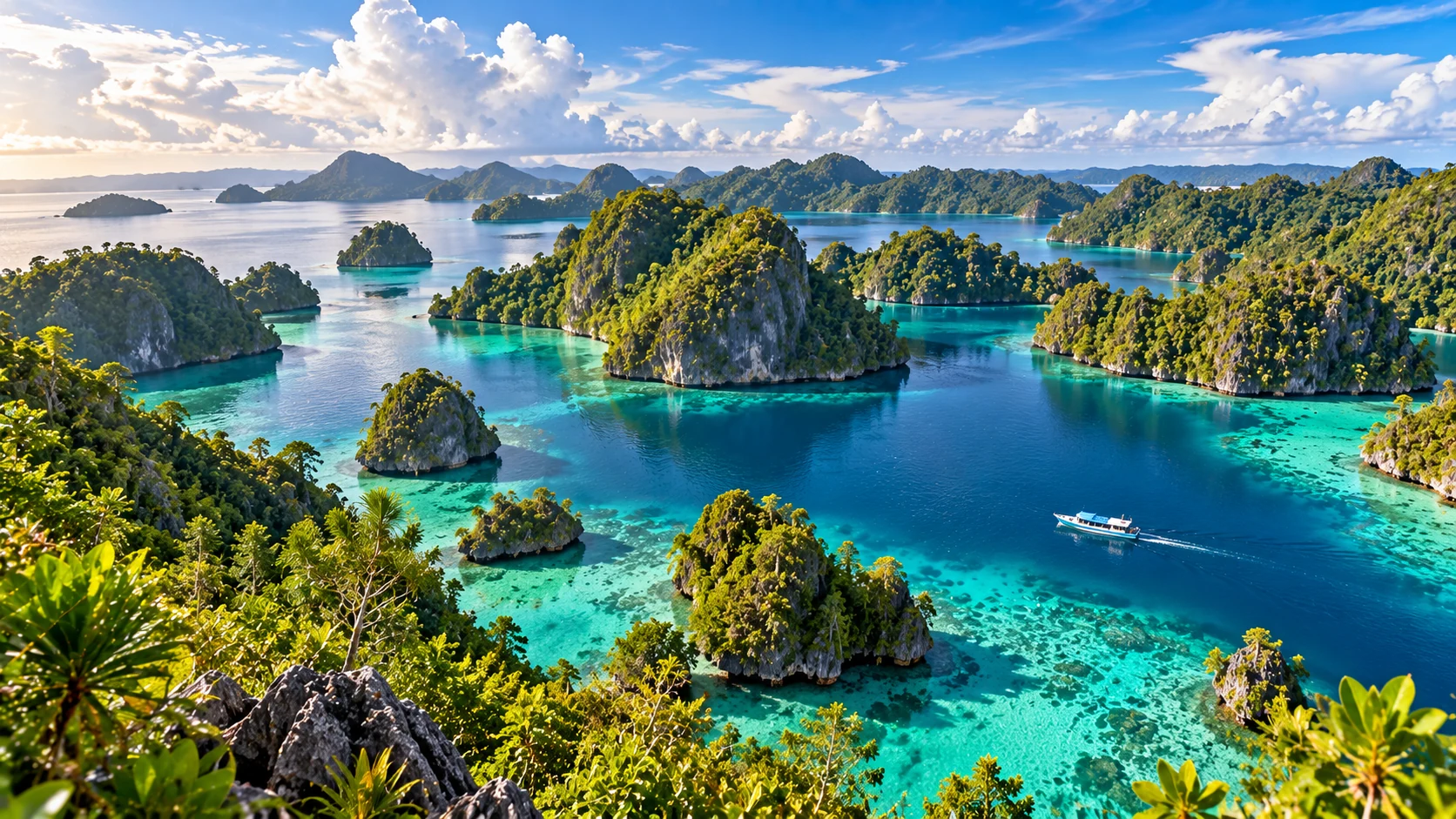 Iconic emerald karst limestone islets rising from crystal clear turquoise blue waters in Piaynemo, Raja Ampat